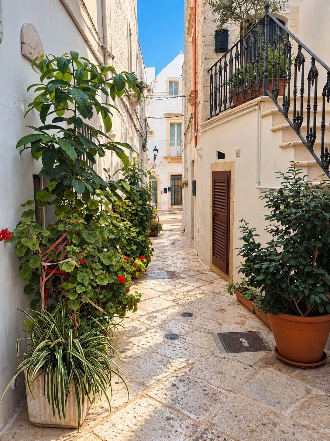 Zonnige Mediterrane steeg vol groen in locorotondo
